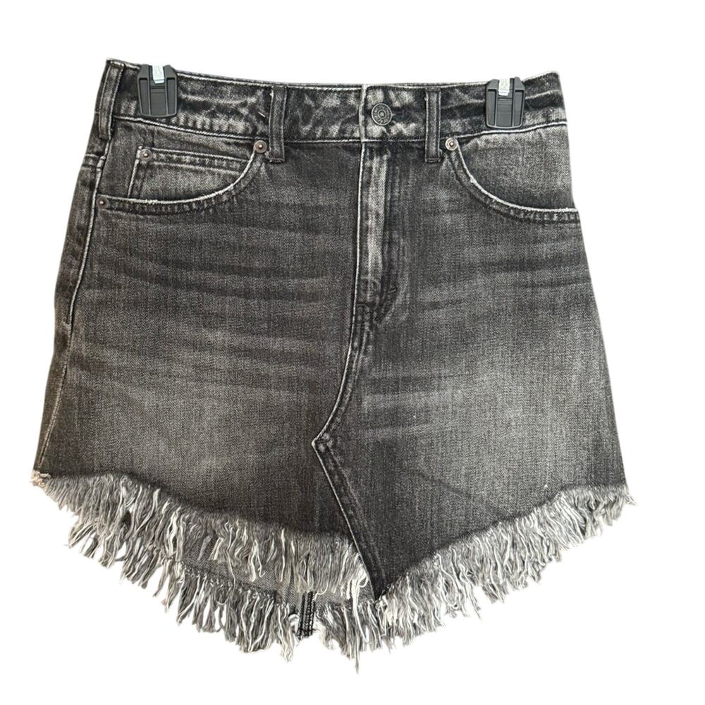 We The Free People Black Denim Jean Fringe Skirt Womens 25 Boho Grunge